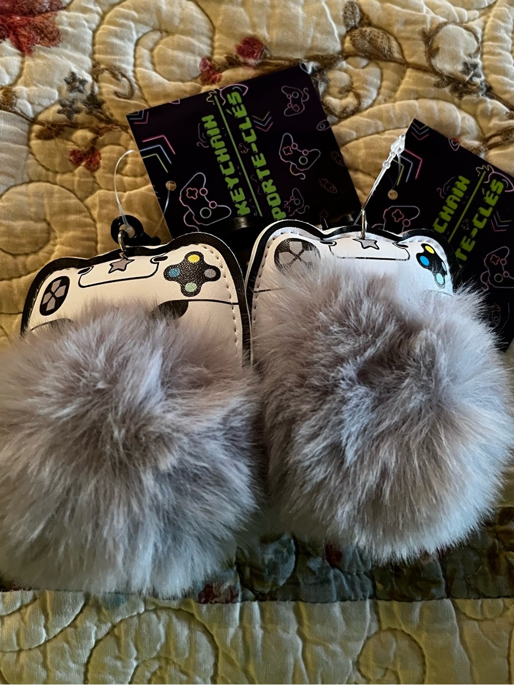 Gamer Controller Fuzzy Pom Pom Keychain Set of 2 Gray NEW